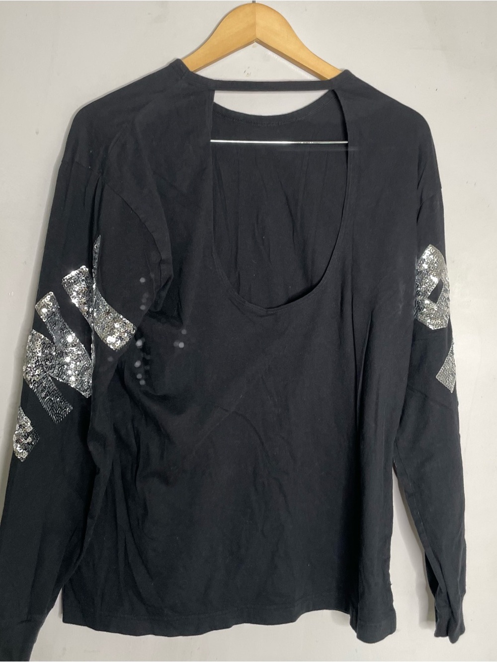 PINK Sequin Spell Out Long Sleeve Shirt Cutout Back Size Medium - Picture 2 of 4
